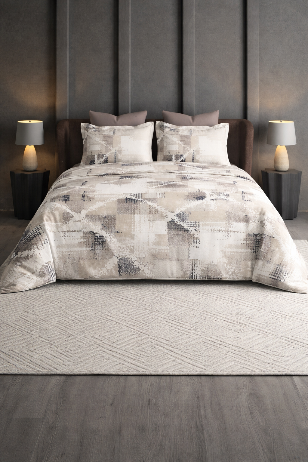 Modern bedroom with Royal Bloom Egyptian Cotton bedsheet from The Gharnish featuring abstract bedding design