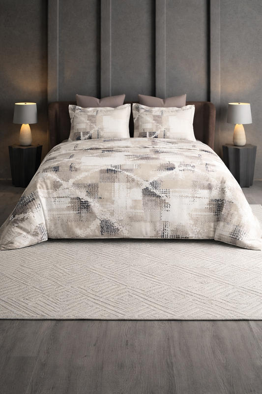 Modern bedroom with Royal Bloom Egyptian Cotton bedsheet from The Gharnish featuring abstract bedding design