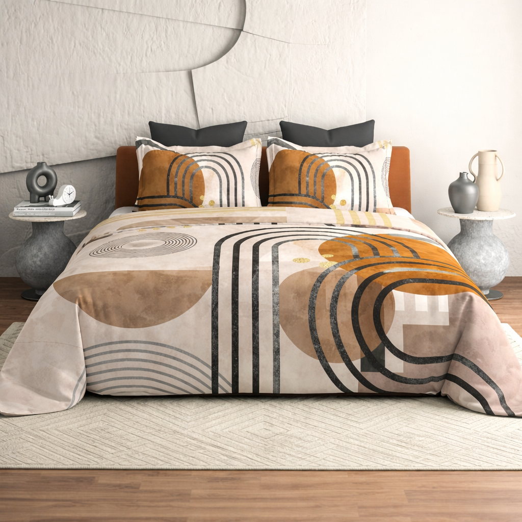 Modern bedroom featuring Royal Bloom Egyptian Cotton bedsheet from The Gharnish with geometric bedding design.