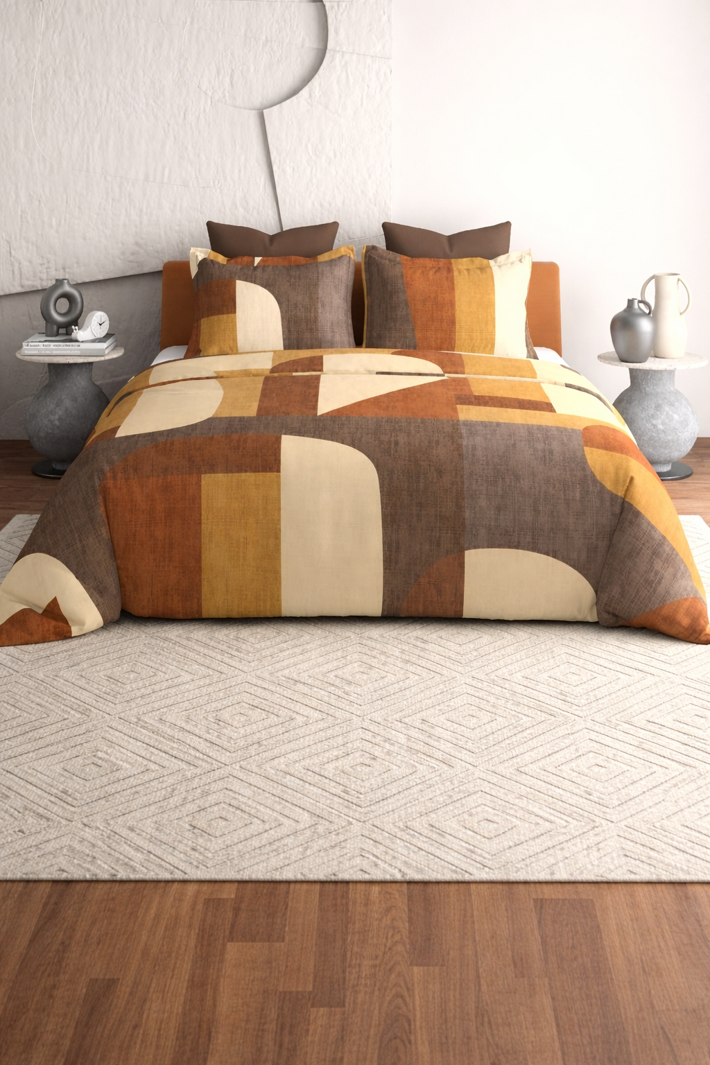 Modern bedroom with geometric duvet cover and Royal Bloom Egyptian Cotton bedsheet from The Gharnish on the bed.