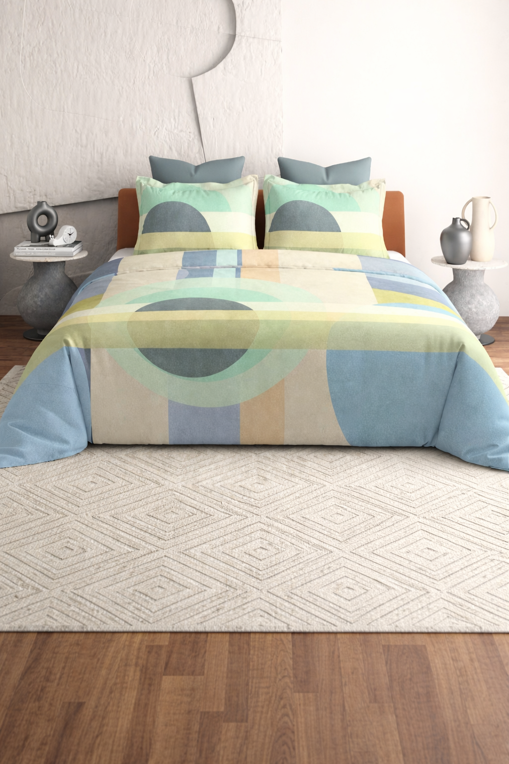 Modern bedroom with Royal Bloom Egyptian Cotton bedsheet and geometric duvet set, showcasing luxurious bedding by The Gharnish.