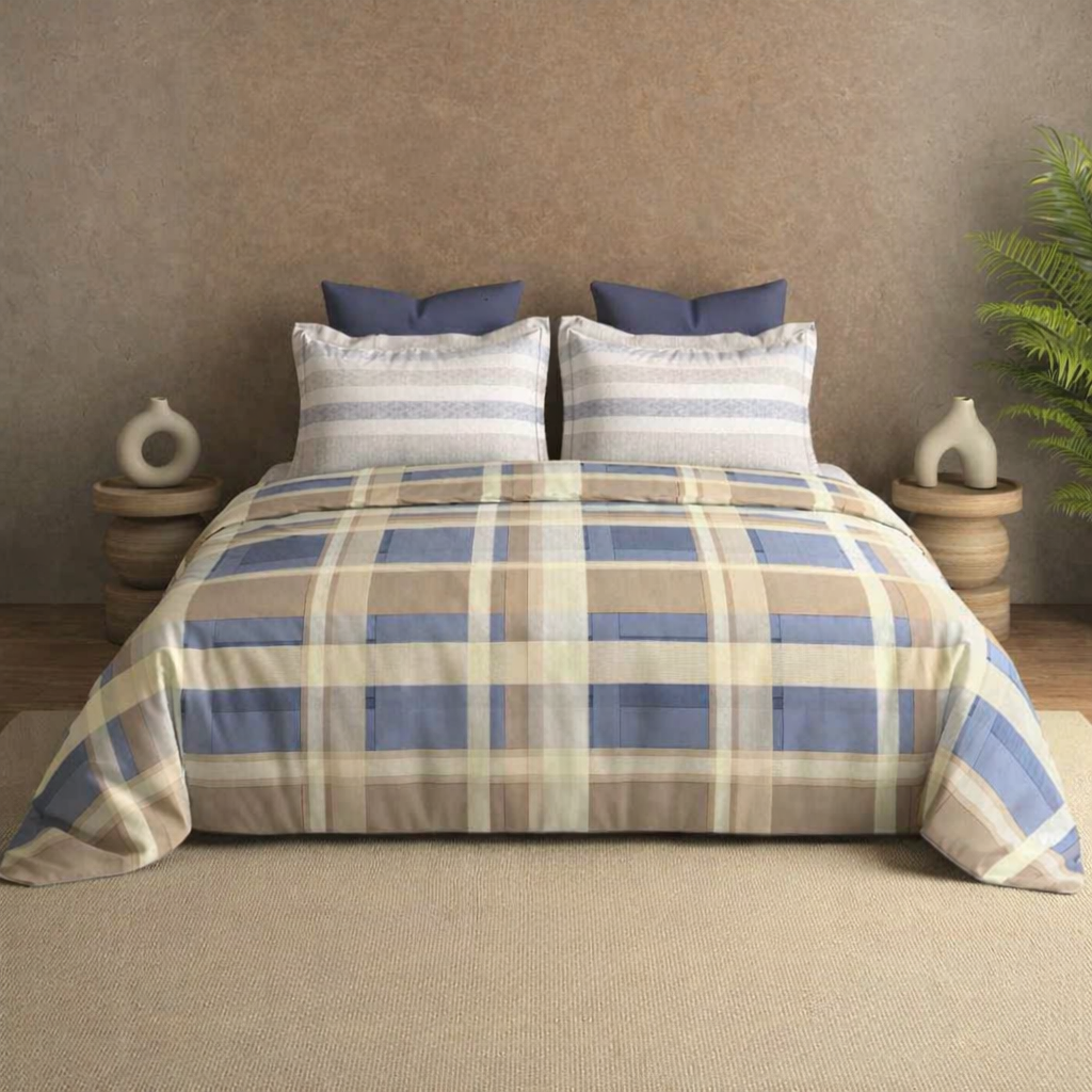 Modern bedroom with Royal Bloom Egyptian Cotton bedsheet featuring plaid bedding from The Gharnish for a cozy, stylish look.