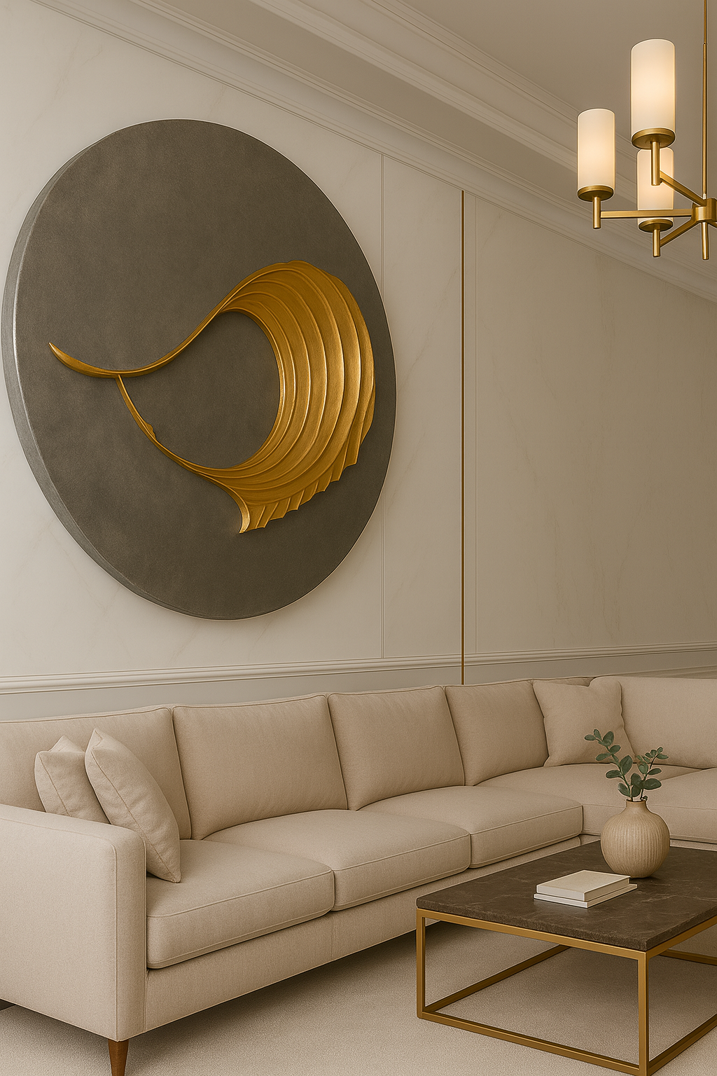Modern living room with beige sofa, gold wall art, and chandelier.