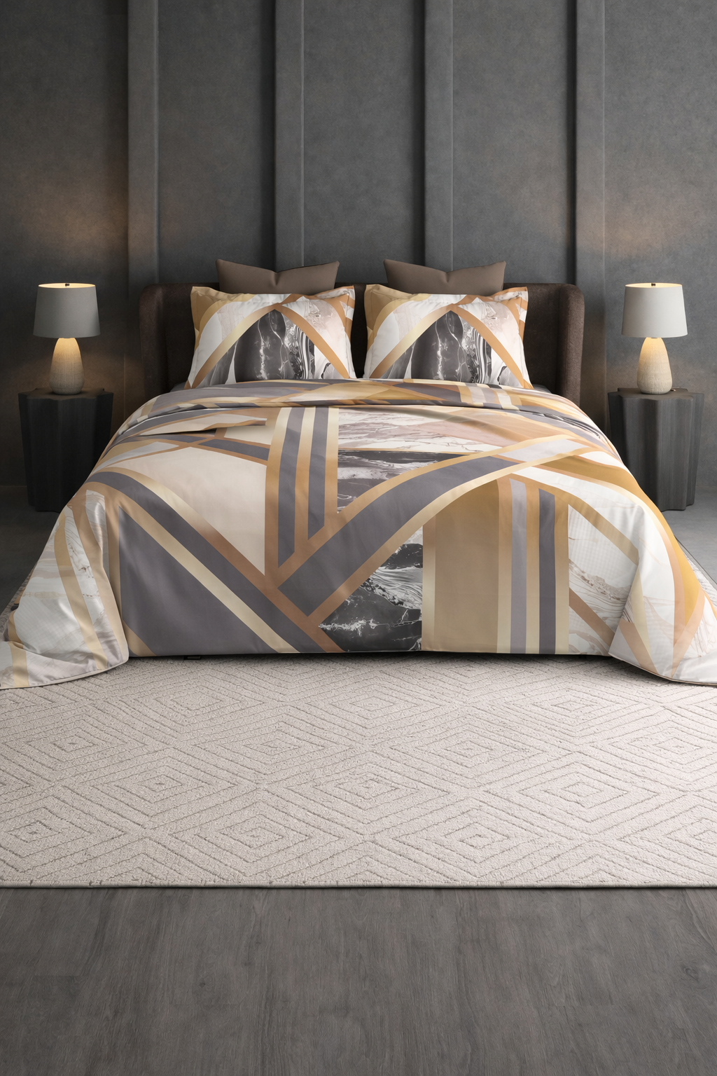 Modern bedroom with geometric bedding featuring a Royal Bloom Egyptian Cotton bedsheet by The Gharnish on a bed with pillows.