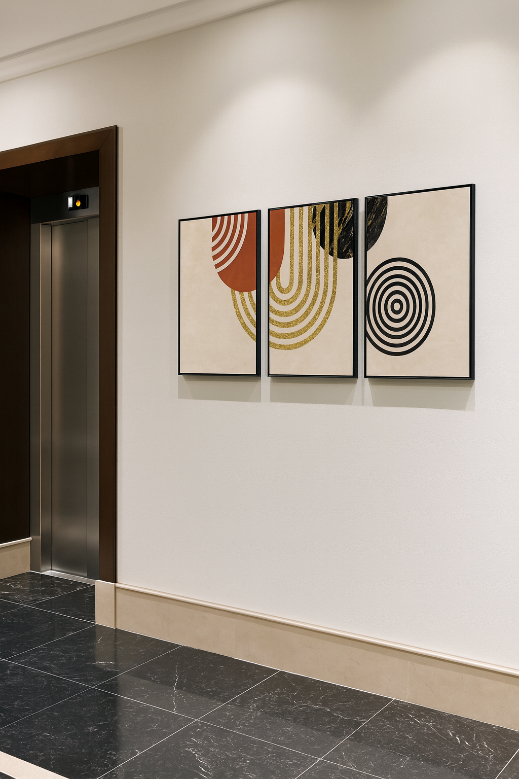 Modern interior with abstract wall art above an elevator