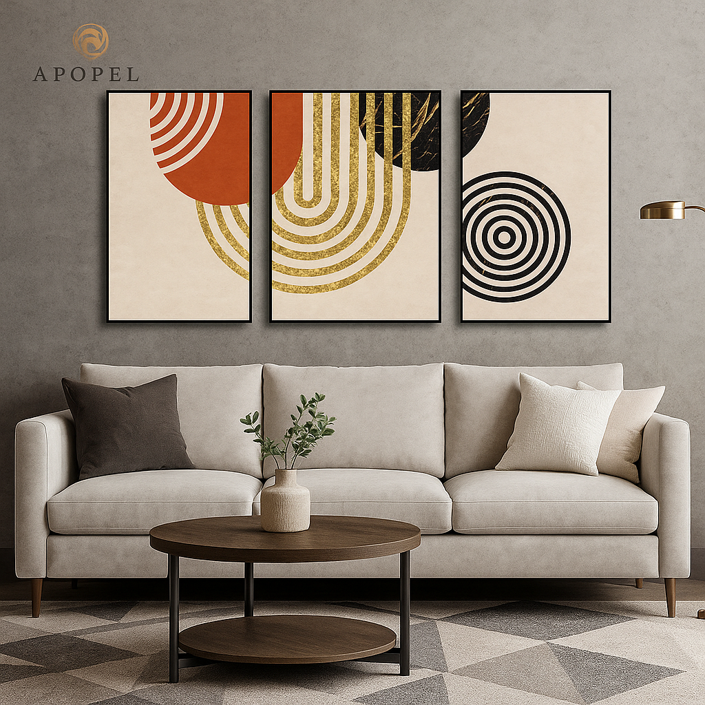 Modern living room with a beige sofa, round wooden coffee table, and abstract wall art.