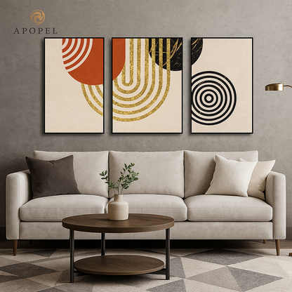 Modern living room with a beige sofa, round wooden coffee table, and abstract wall art.