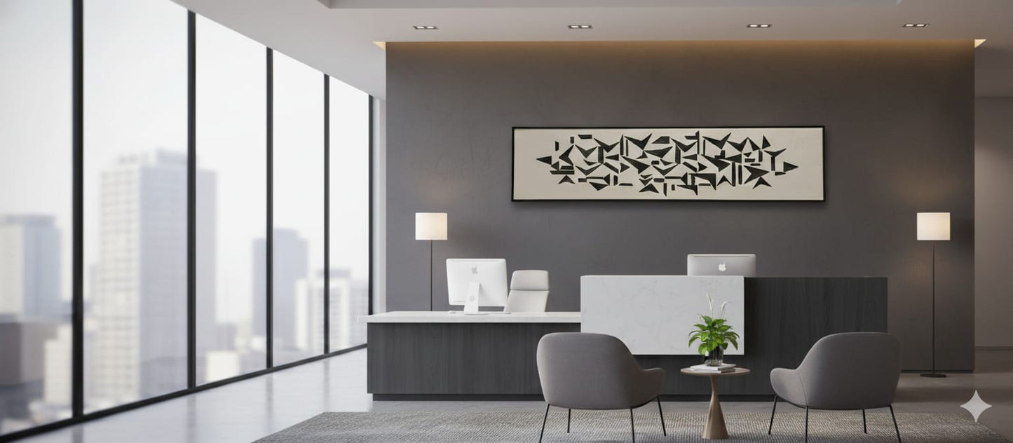 Modern office interior with a reception desk and decorative wall art.