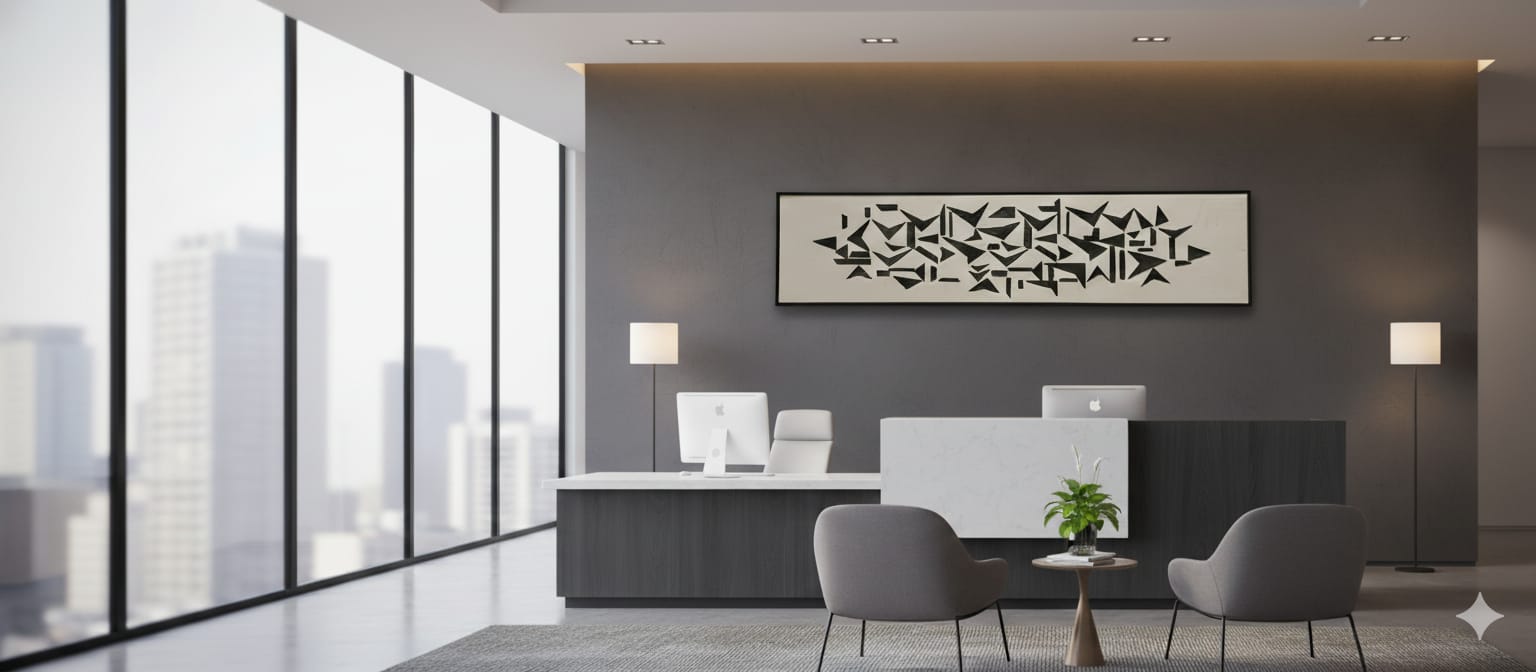Modern office interior with a reception desk and decorative wall art.