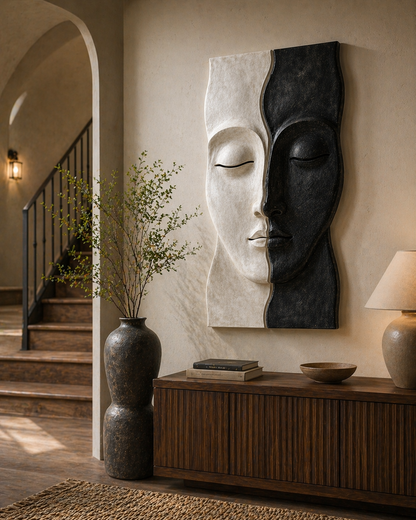 Modern wooden wall art sculpture featuring abstract split face design for living room or entryway decor by The Gharnish