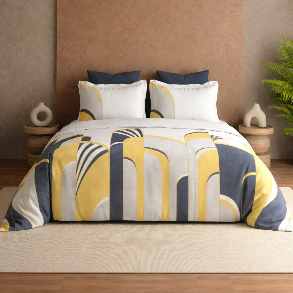 Elegant bedroom with modern geometric design featuring Royal Bloom Egyptian Cotton bedsheet by The Gharnish on a neatly made bed.
