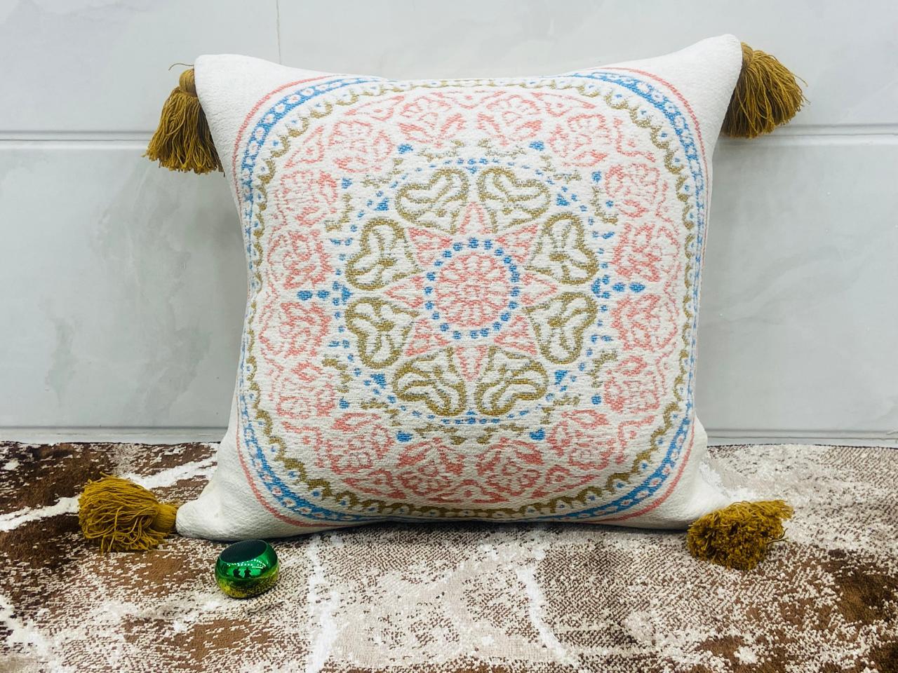 Add a touch of artisanal elegance to your home with our Pure Cotton Handblocked Cushion Covers with Tassels. Crafted using traditional hand-block printing techniques, each piece showcases intricate patterns and rich craftsmanship, making it a timeless addition to your décor.
