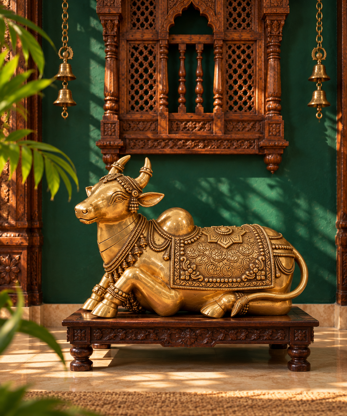 Decorative 14-inch handcrafted brass Nandi idol for home temple, featuring antique-style design, part of brass pooja items collection.