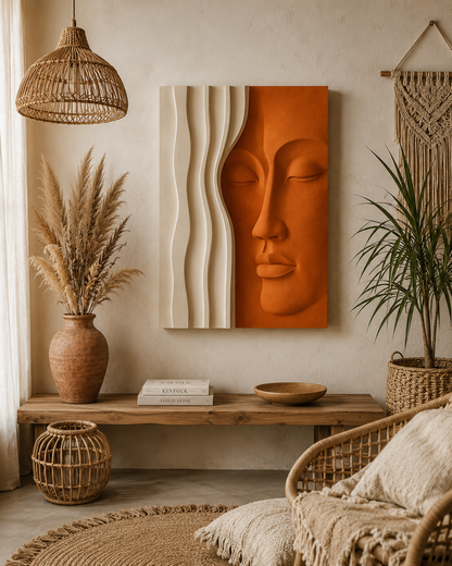 Modern wooden wall art featuring 3D face and wave design by The Gharnish, decorates a living room wall with plants and a wooden bench.