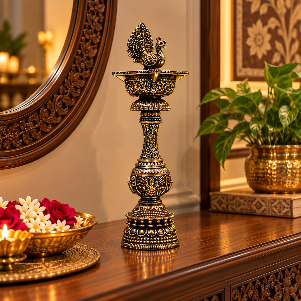 Antique brass peacock diya stand with intricate design, traditional handcrafted decorative oil lamp for puja and home decor.