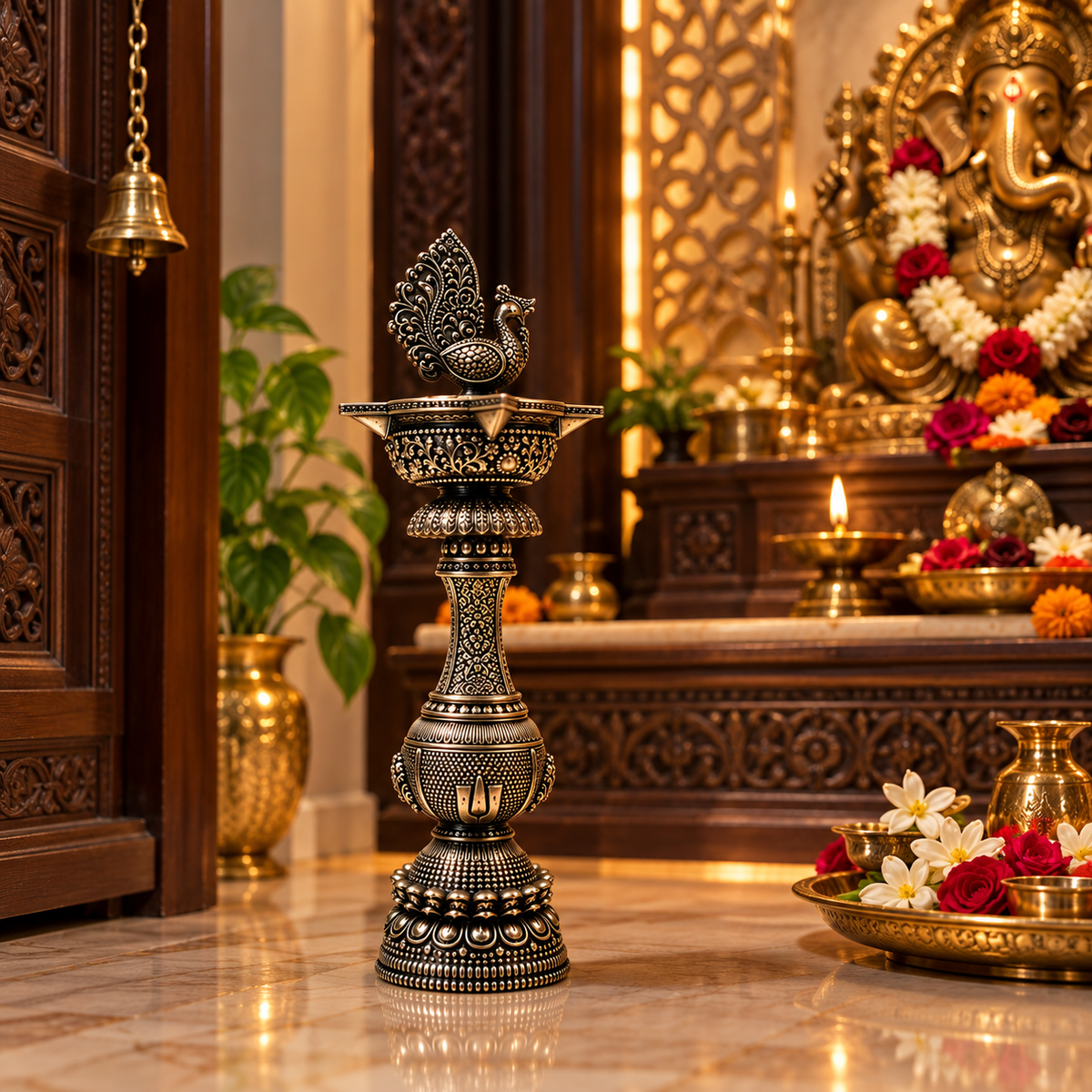 Antique brass peacock diya stand with intricate handcrafted design, traditional oil lamp for puja and decorative temple use.