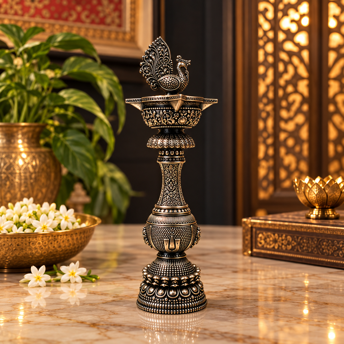 Antique brass peacock diya stand on marble, traditional handcrafted decorative oil lamp for puja and festive occasions.