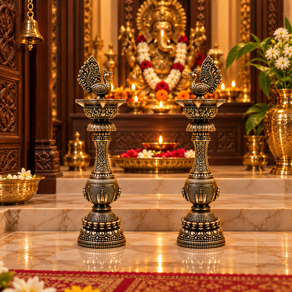 Antique brass peacock diya stand with intricate design, traditional handcrafted decorative oil lamp for pooja and altar use.