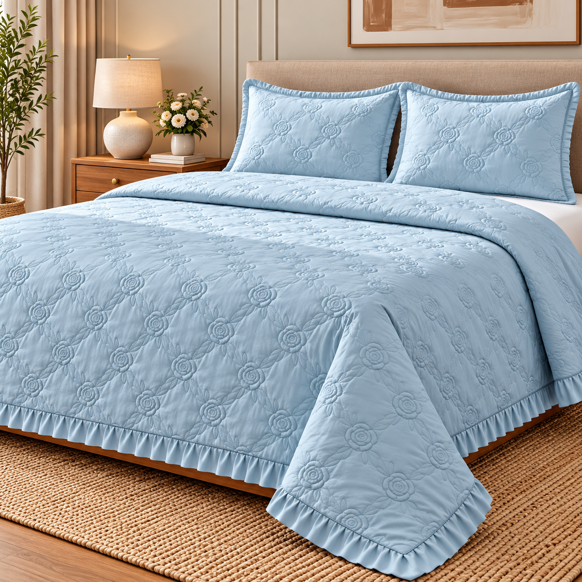 Pastel blue rose gold embossed premium bedding set by The Gharnish with quilted design for a luxurious bedroom look.