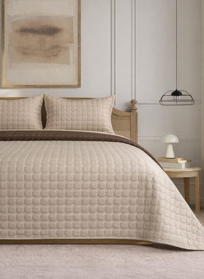 Soft pastel quilted bedcover set from The Gharnish, luxurious 3-piece reversible bedding with plush, cozy design.