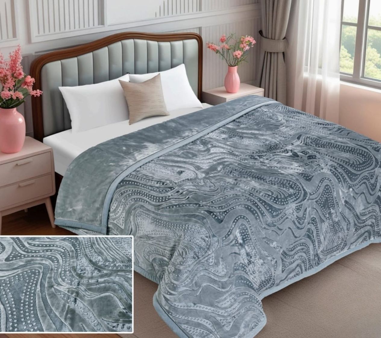 Patterned blanket on a bed with a close-up inset, in a bedroom setting.