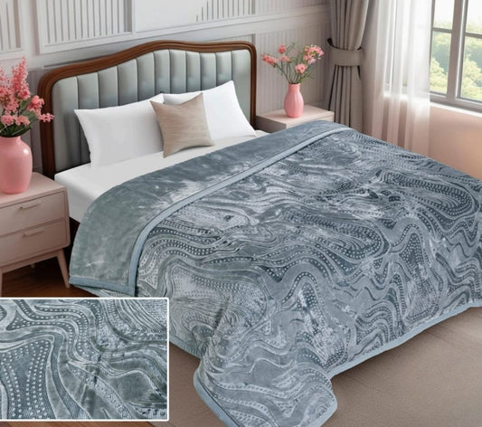 Patterned blanket on a bed with a close-up inset, in a bedroom setting.