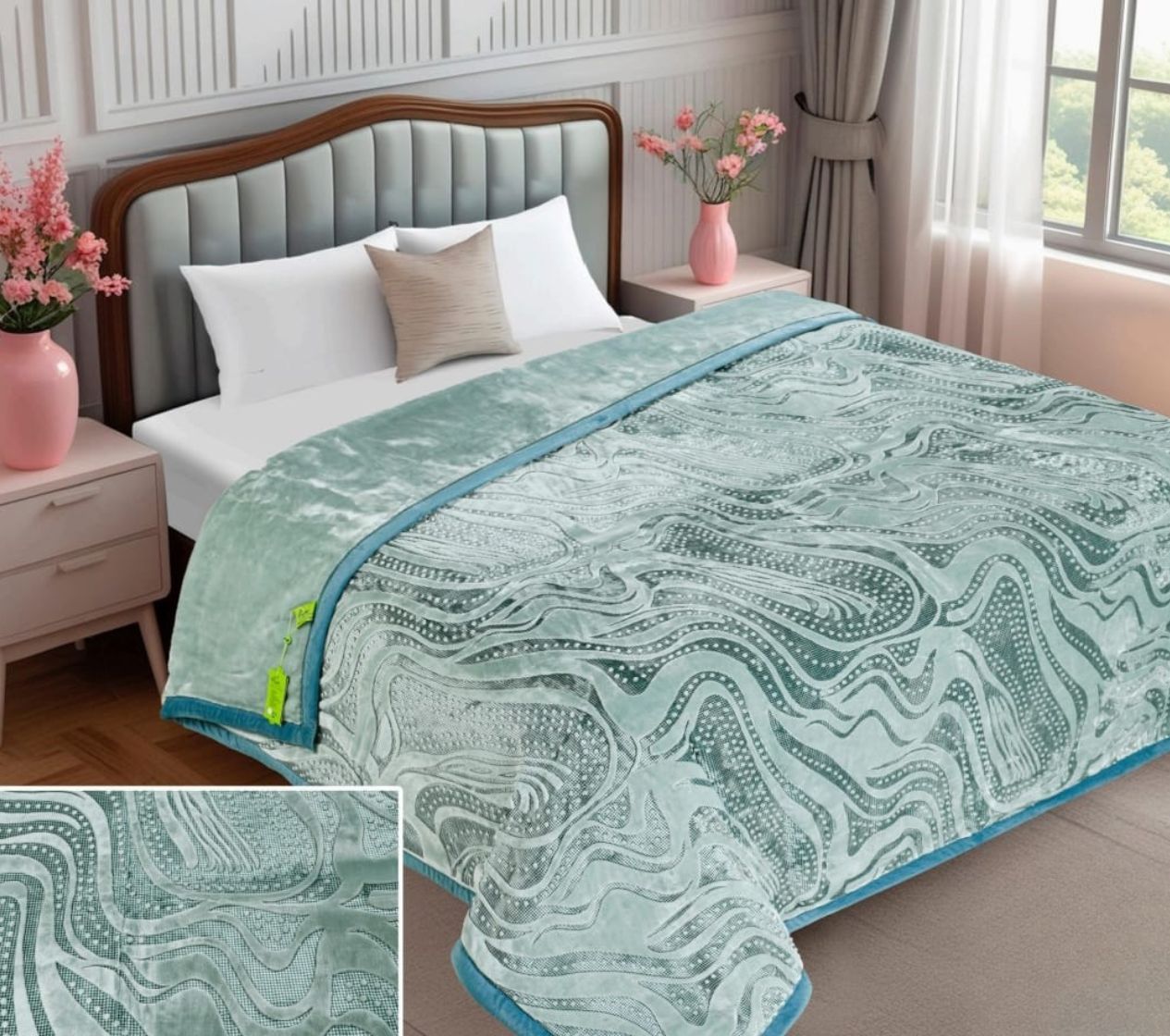 Patterned green blanket on a bed with matching pillow in a bedroom setting.