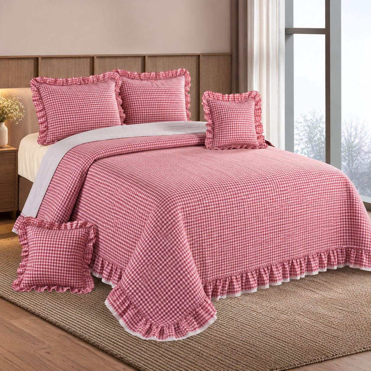 A pink and white gingham check bedding set with ruffled edges, including a comforter, matching pillow shams, and two loose accent pillows, styled on a bed in a bedroom setting.