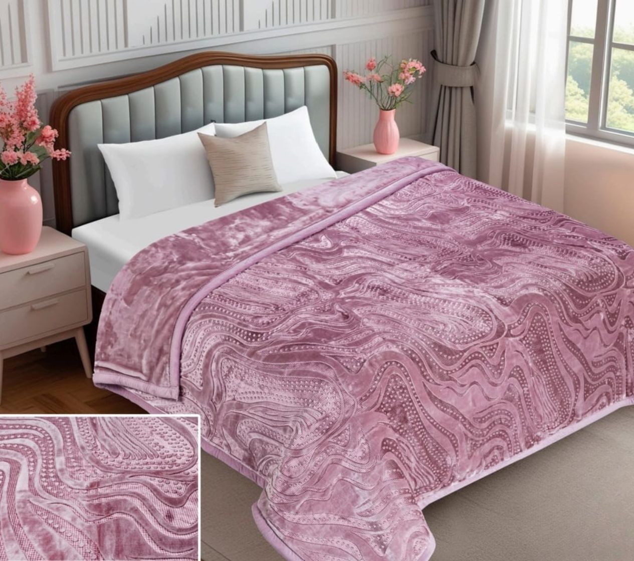 Pink paisley patterned comforter on a bed in a bedroom setting.