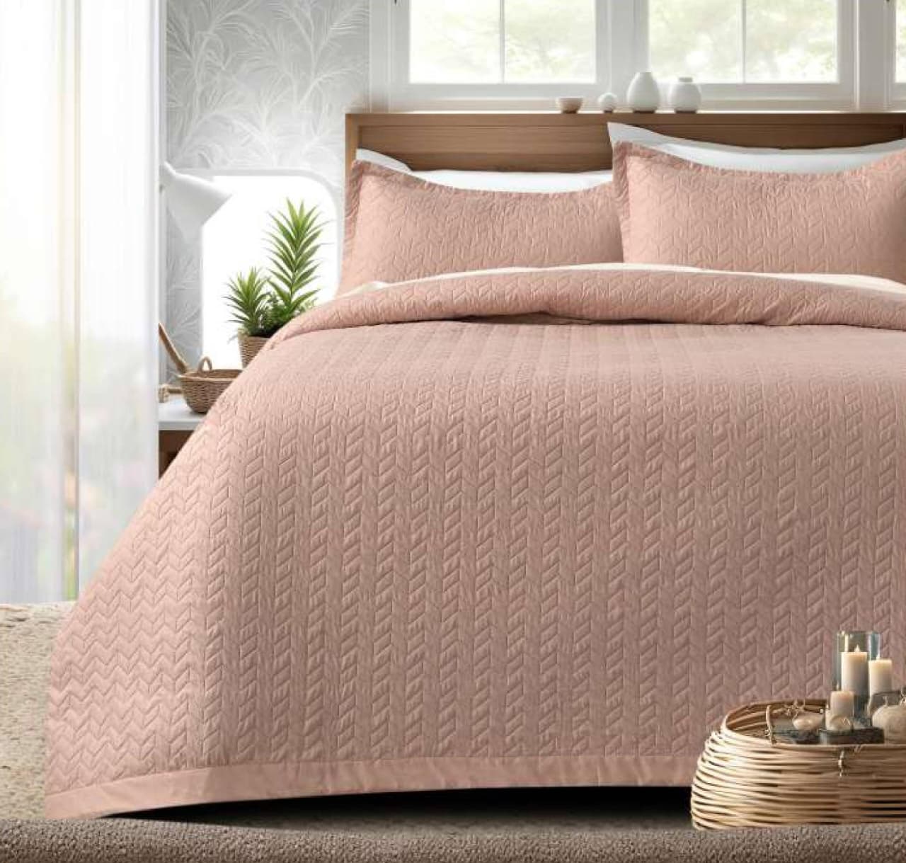 Pink quilted bedding set with intricate stitching, premium quality bedcover from The Gharnish, designed for a cozy and elegant bedroom look.