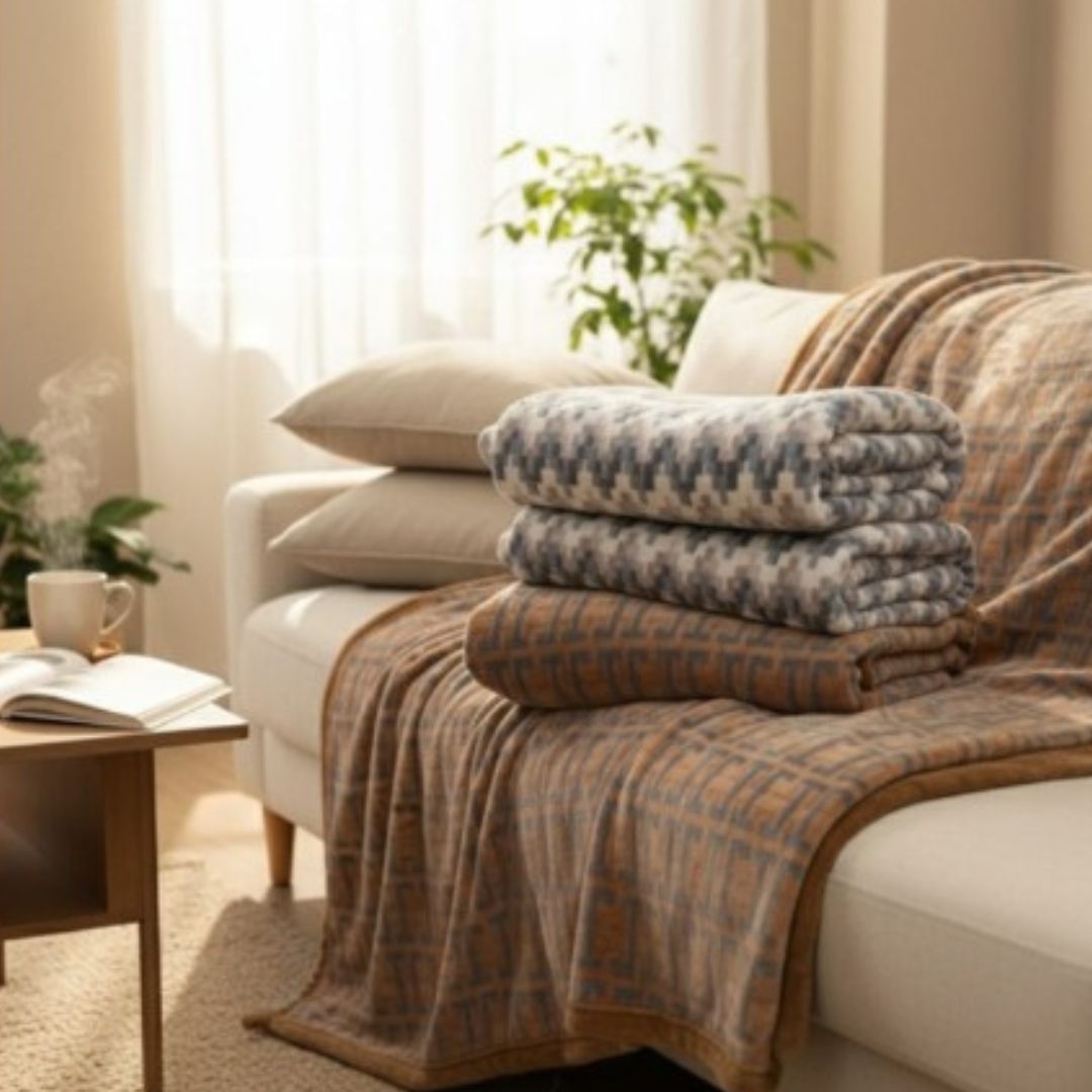 Stack of patterned blankets on a sofa in a cozy living room.