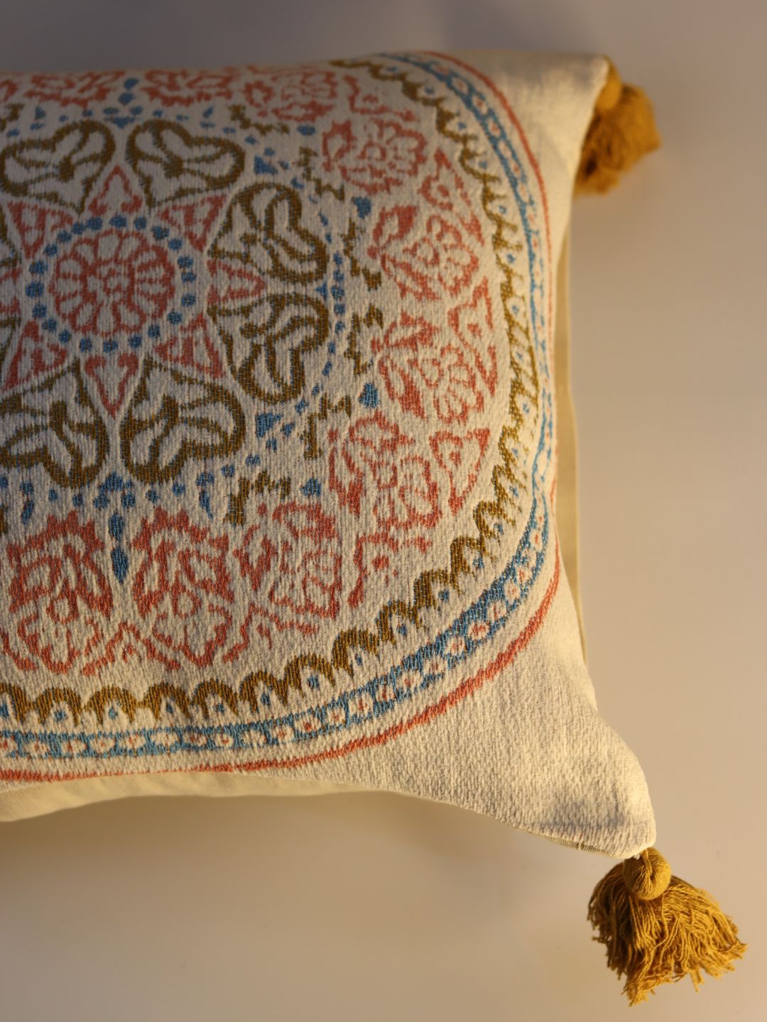 Pure Cotton Multicolor Hanblocked Cushion Cover with Tussels - The Gharnish - A Unit of Satkala Creations