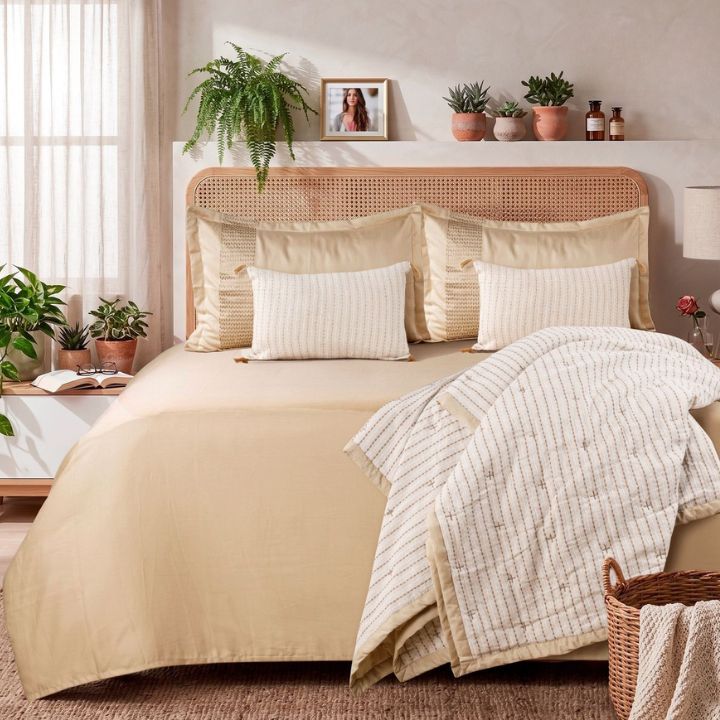 Luxury cotton king size bedding set by The Gharnish with embroidered comforter, bedsheet, and pillow covers, soft and elegant bedding.