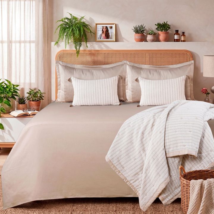 Luxury cotton king size bedding set by The Gharnish with an embroidered comforter, bedsheet, and pillow covers for a soft, elegant look