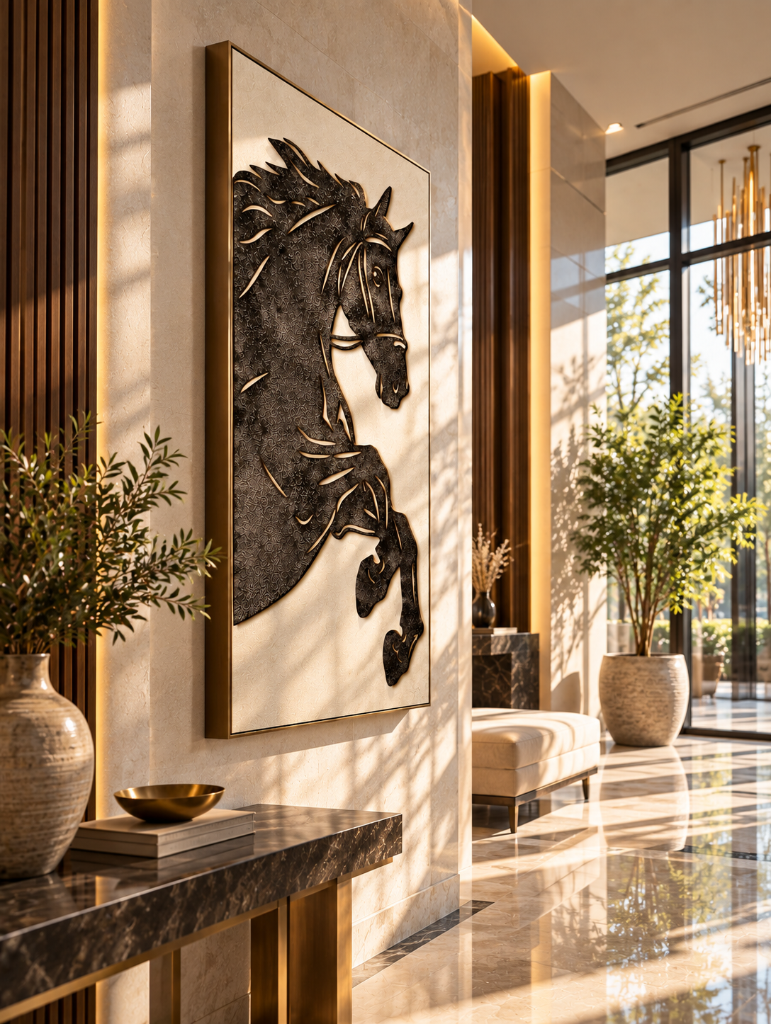 Premium wooden textured wall art in the lobby 