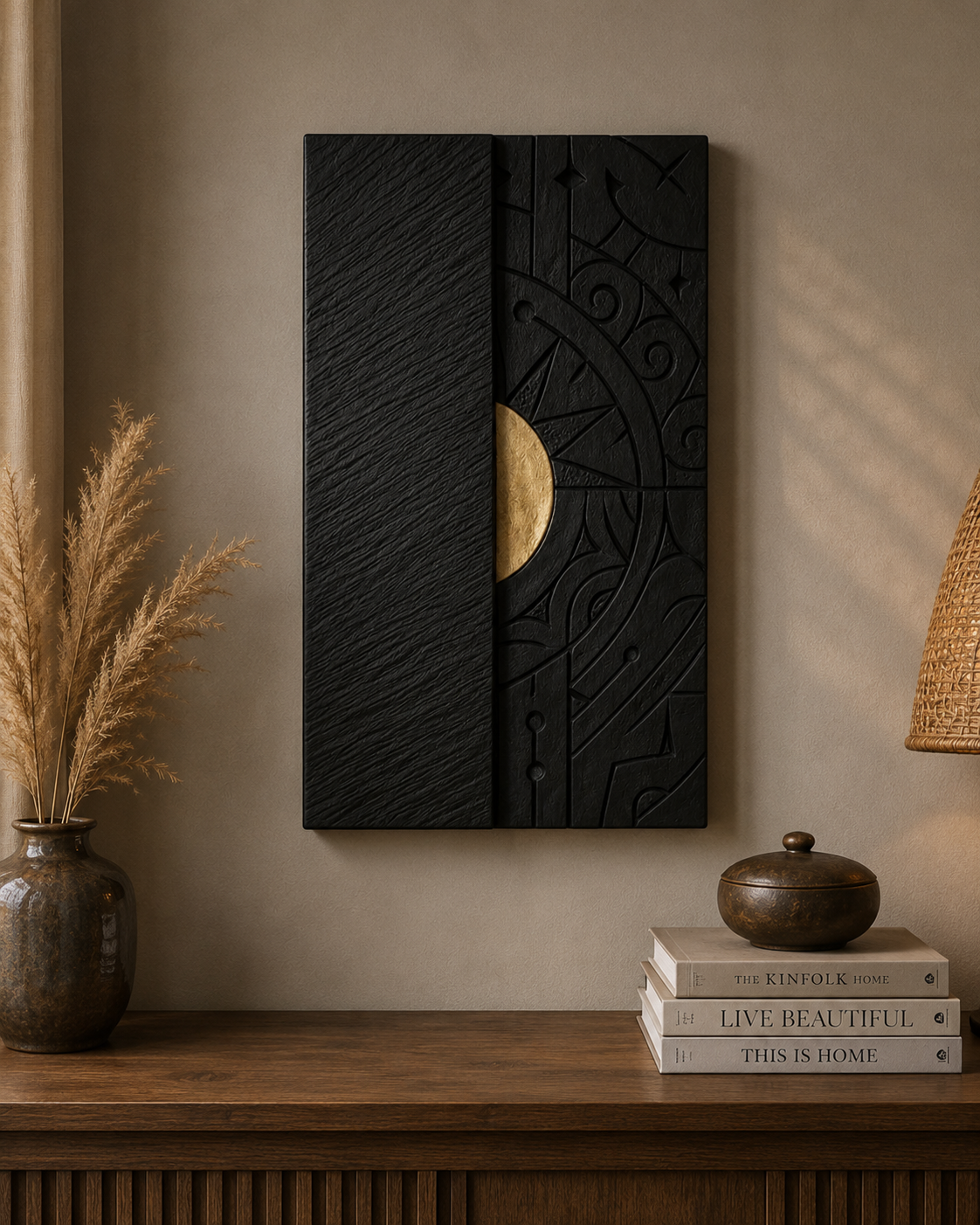 Mystic Eclipse luxury wooden wall decor by The Gharnish, featuring dark abstract art for modern interior decoration.