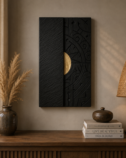 Mystic Eclipse luxury wooden wall decor by The Gharnish, featuring dark abstract art for modern interior decoration.