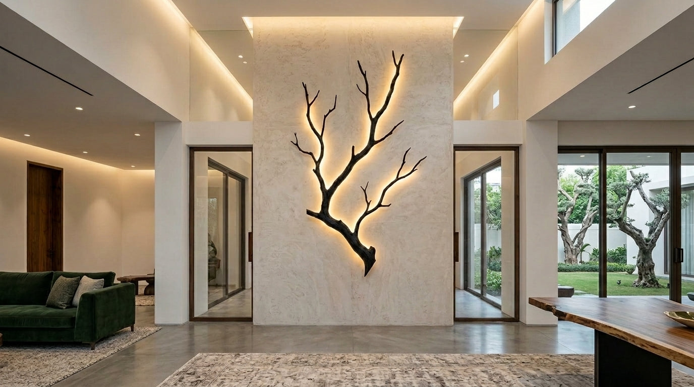 A black branch-shaped wall light with warm LED backlighting mounted on a textured beige wall in a modern interior hallway.