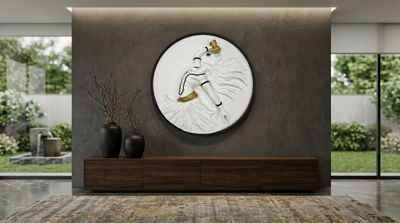 Decorative wall piece on a modern interior wall with a view of greenery outside.