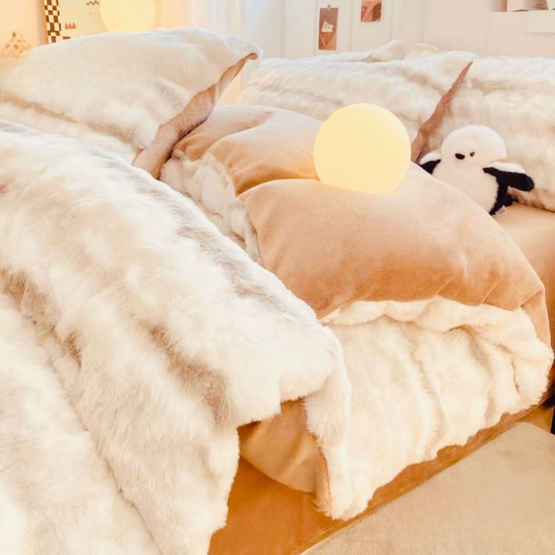 Luxurious rabbit fur winter quilt by The Gharnish, ultra warm double duvet perfect for cold nights.