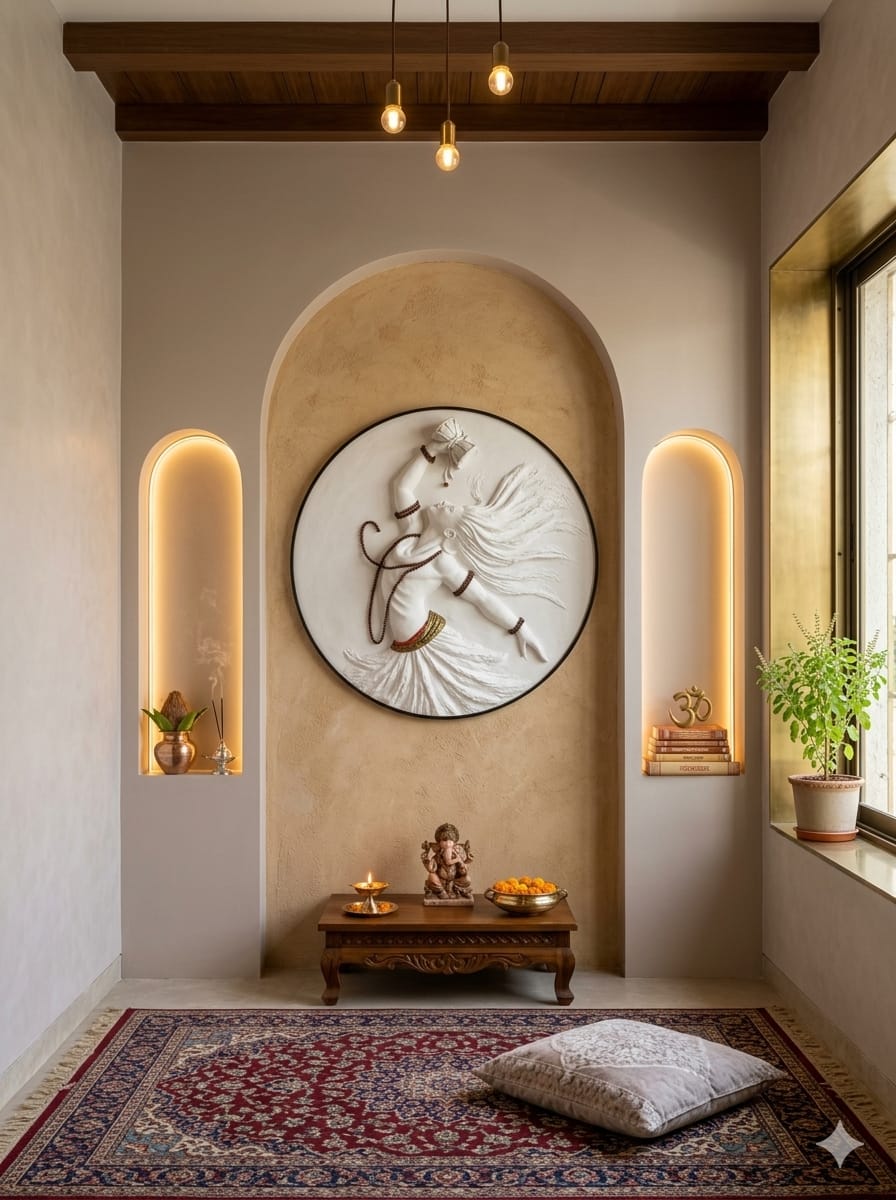 Decorative wall art in a room with a rug and small table.