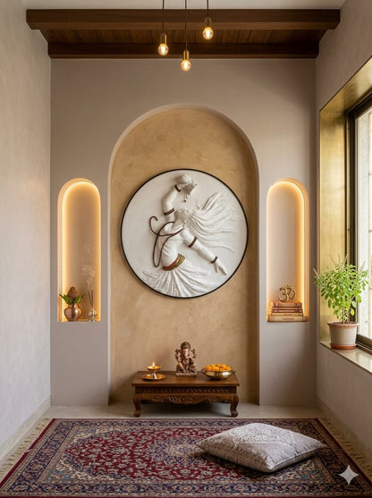 Decorative wall art in a room with a rug and small table.