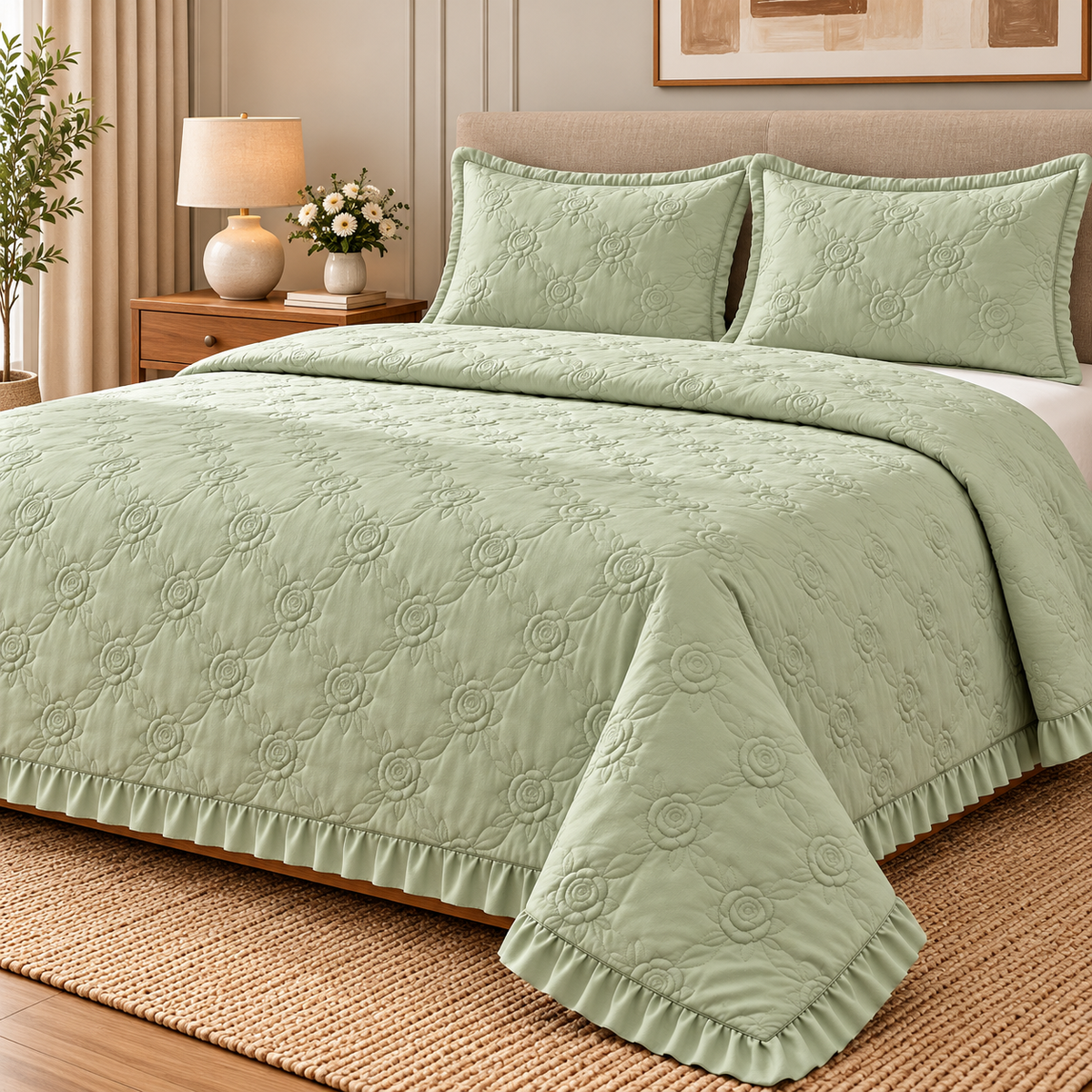 Rose gold embossed premium bedding bedcover set by The Gharnish, with a sage-colored quilted design for a cozy bedroom retreat.