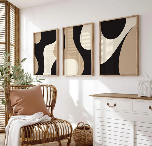 Modern Neutral Gallery Wall Art Set of 3 Black and Beige Abstract Art Farmhouse Decor