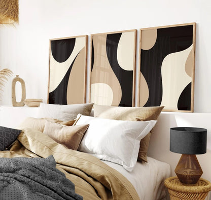 Modern Neutral Gallery Wall Art Set of 3 Black and Beige Abstract Art Farmhouse Decor