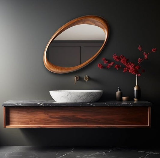 Walnut Wooden Frame Asymmetric Mirror, premium walnut-finish wood - The Gharnish - A Unit of Satkala Creations
