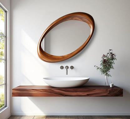 Walnut Wooden Frame Asymmetric Mirror, premium walnut-finish wood
