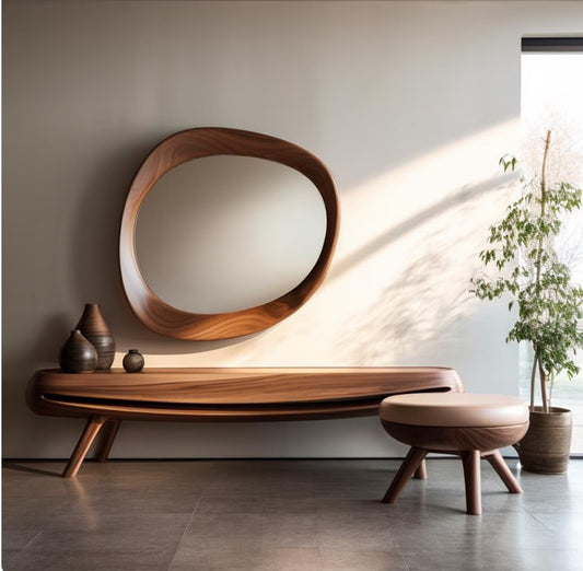 Walnut Asymmetrical Mirror, Walnut Framed Irregular Wall Mirror, Wooden Framed Asymmetrical Mirror, Mid Century Modern Mirror, Mirror Art