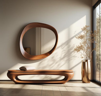 Walnut Asymmetrical Mirror, Walnut Framed Irregular Wall Mirror, Wooden Framed Asymmetrical Mirror, Mid Century Modern Mirror, Mirror Art