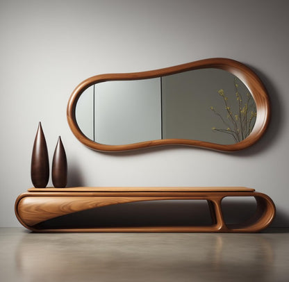 Organic Wave Walnut Wall Mirror, Asymmetrical Walnut Wood Frame Mirror